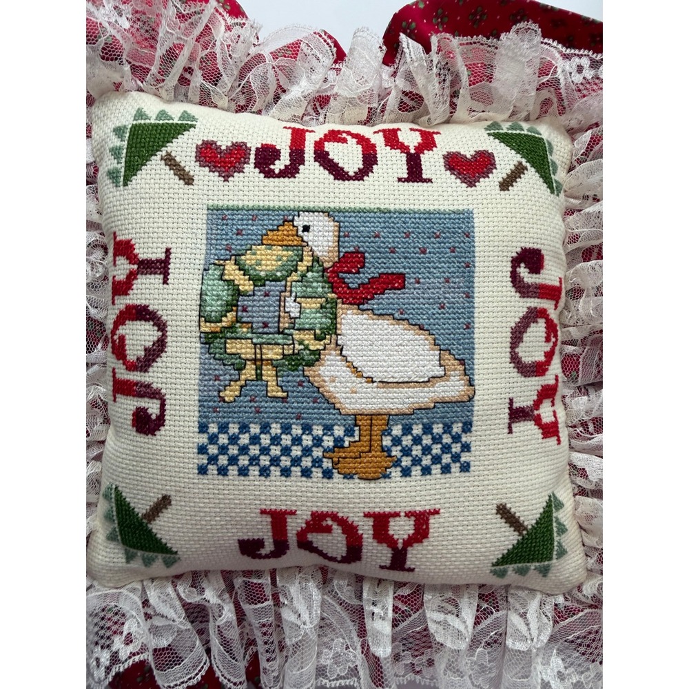 VTG Cross Stitch Christmas Goose Pillow Small Red Joy Lace‎ Ruffle Cottagecore